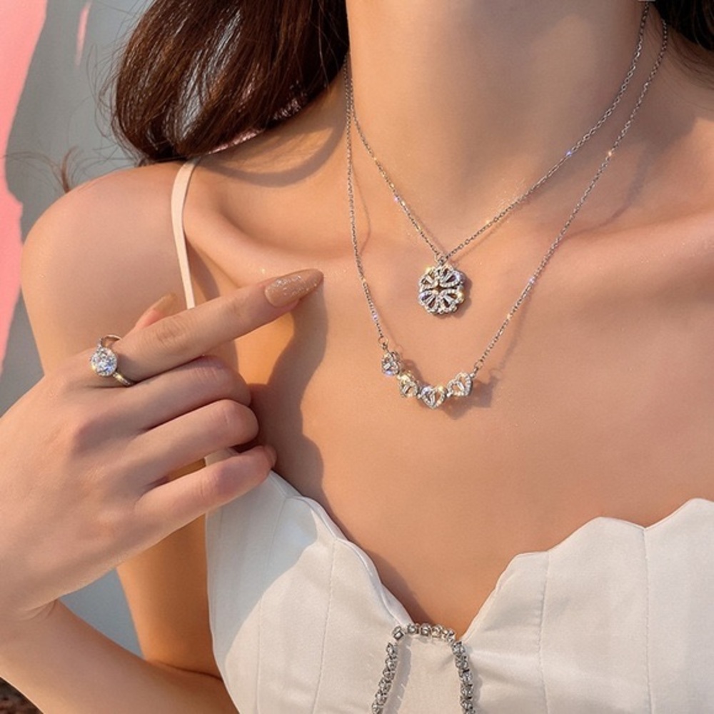 Magnetic 4 hearts Leaf Clover CZ necklace Silver plated